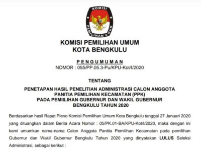 KPU Kota Umumkan Calon PPK Lulus Administrasi, Berikut Daftarnya