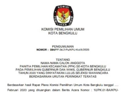 KPU Kota Umumkan 45 Orang PPK Terpilih