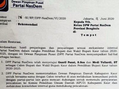 Tak Diusulkan, Rekom Nasdem untuk Petahana Kaur Dipertanyakan