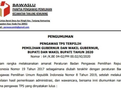 Panwascam Tanjung Kemuning Umumkan 28 Nama Terpilih Pengawas TPS