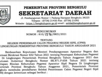 Pemprov Bengkulu Buka Lowongan CPNS dan PPPK, Cek Jadwal dan Formasinya