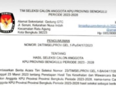 Berikut 10 Nama Calon KPU Provinsi Bengkulu, 2 Petahana Gugur