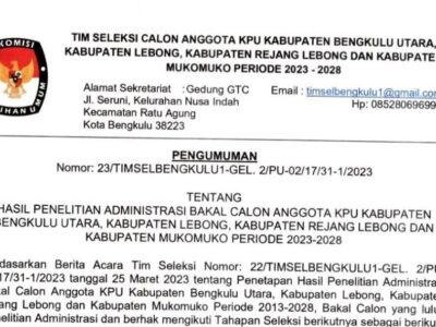 Daftar Nama Calon KPU Kota dan Kabupaten di Provinsi Bengkulu